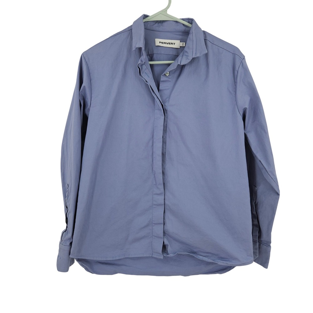 PERVERT Womens Button Down Shirt Blue 100% Cotton Hidden Placket Long Sleeve XS